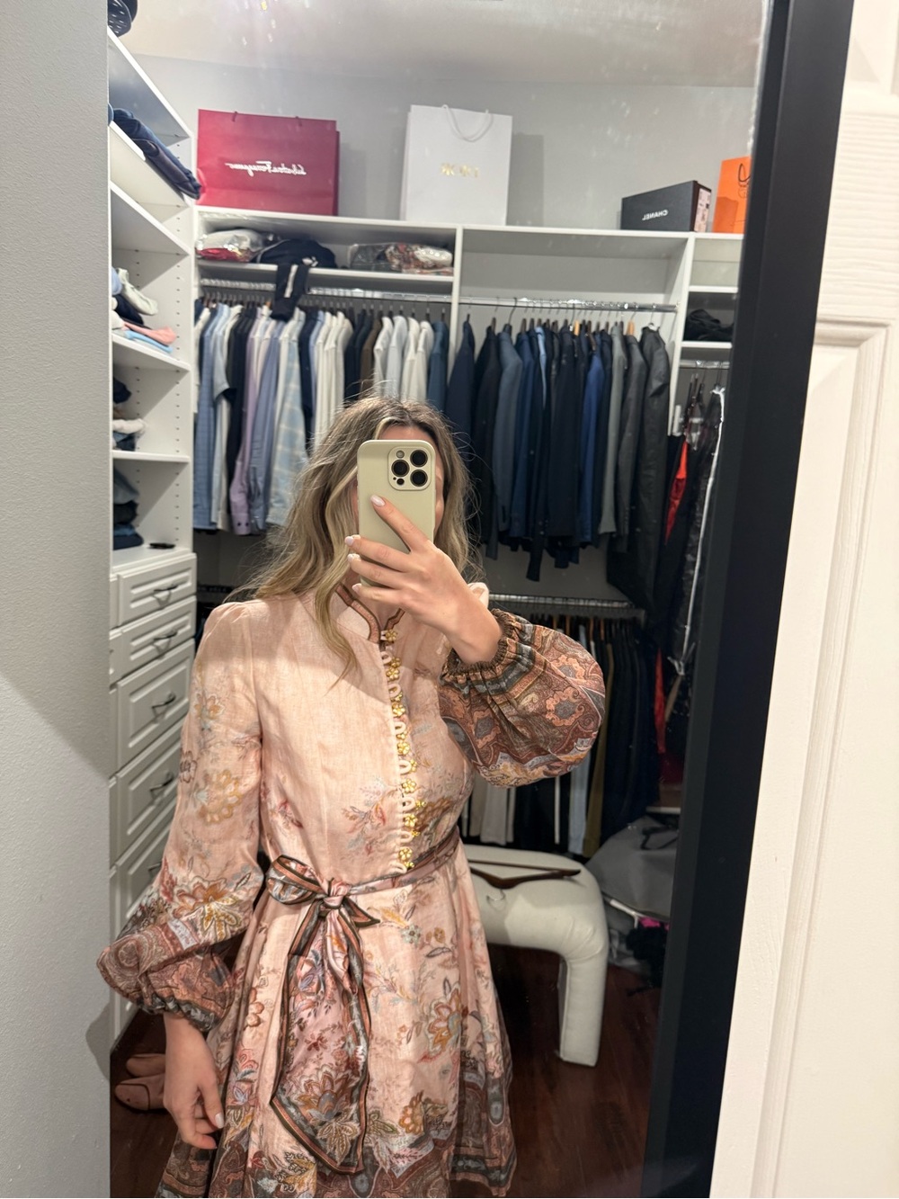 Zimmermann Pink Paisley Tie-Waist Long Sleeve Dress